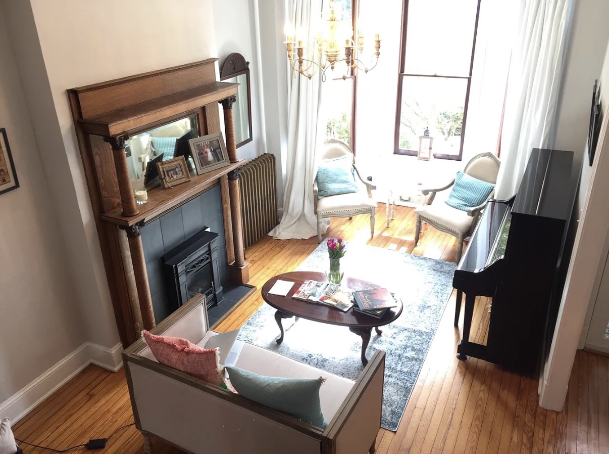 Front parlor with antique mantel and piano